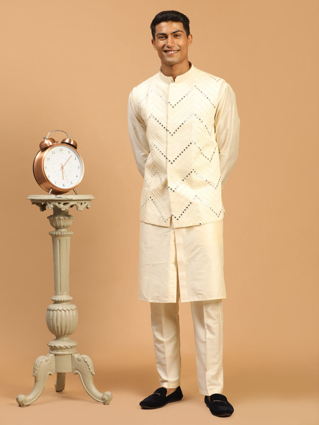 Sarvati Men's Cream Mirror Jacket With Front Open Kurta Pyjama Set