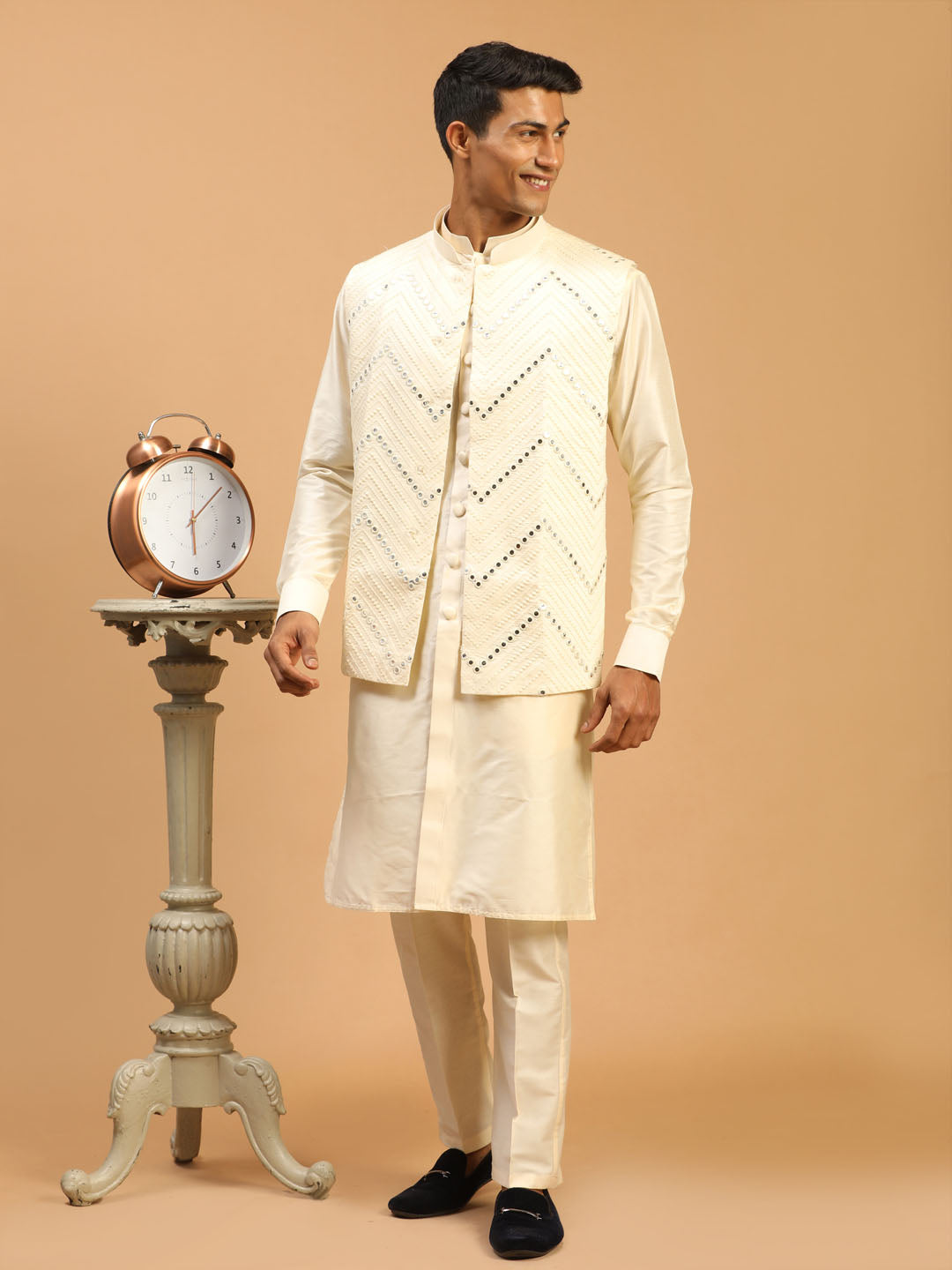 Sarvati Men's Cream Mirror Jacket With Front Open Kurta Pyjama Set