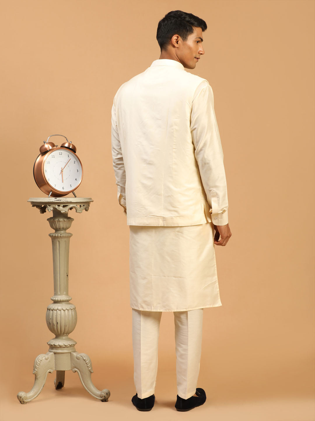 Sarvati Men's Cream Mirror Jacket With Front Open Kurta Pyjama Set