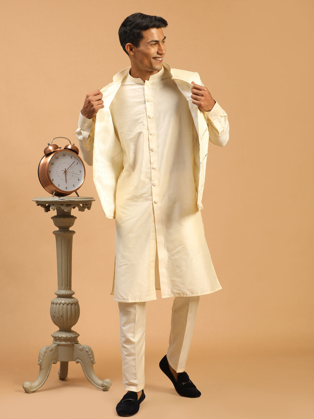 Sarvati Men's Cream Mirror Jacket With Front Open Kurta Pyjama Set