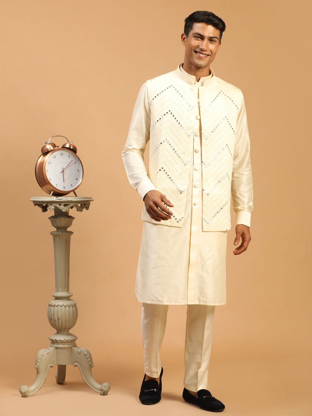 Sarvati Men's Cream Mirror Jacket With Front Open Kurta Pyjama Set