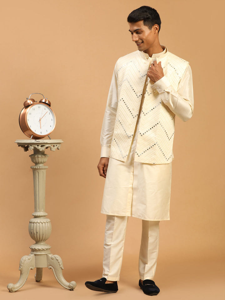 Sarvati Men's Cream Mirror Jacket With Front Open Kurta Pyjama Set