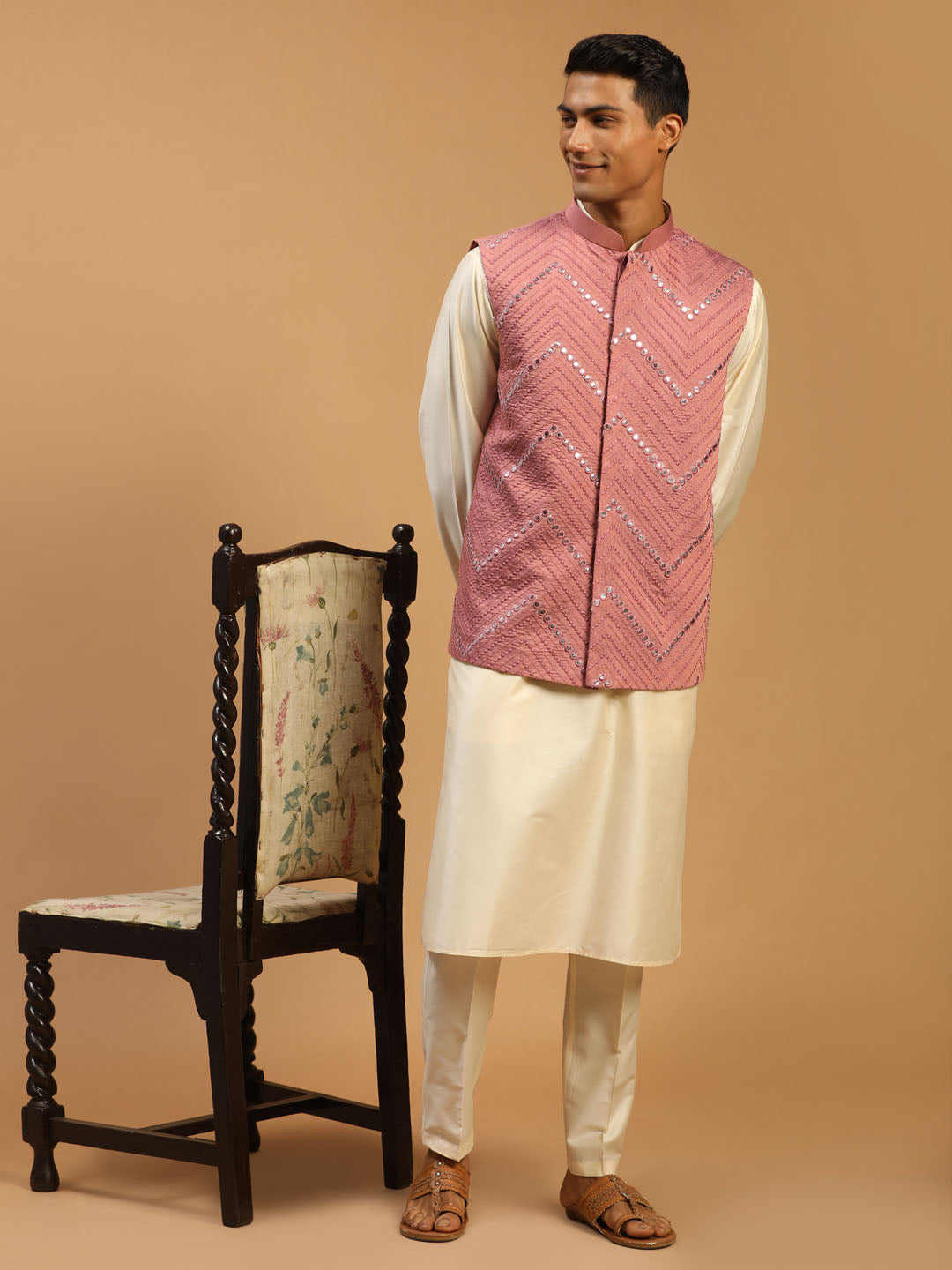 Sarvati Men's Onion Mirror Jacket With Kurta Pant Set