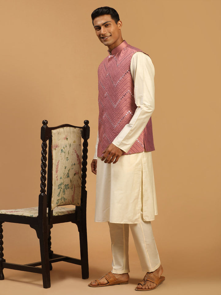 Sarvati Men's Onion Mirror Jacket With Kurta Pant Set