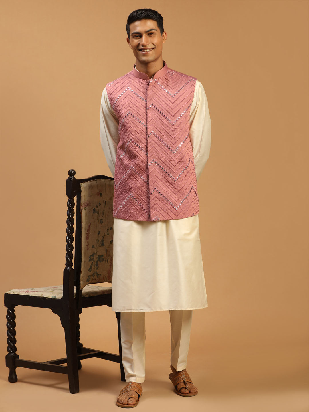 Sarvati Men's Onion Mirror Jacket With Kurta Pant Set