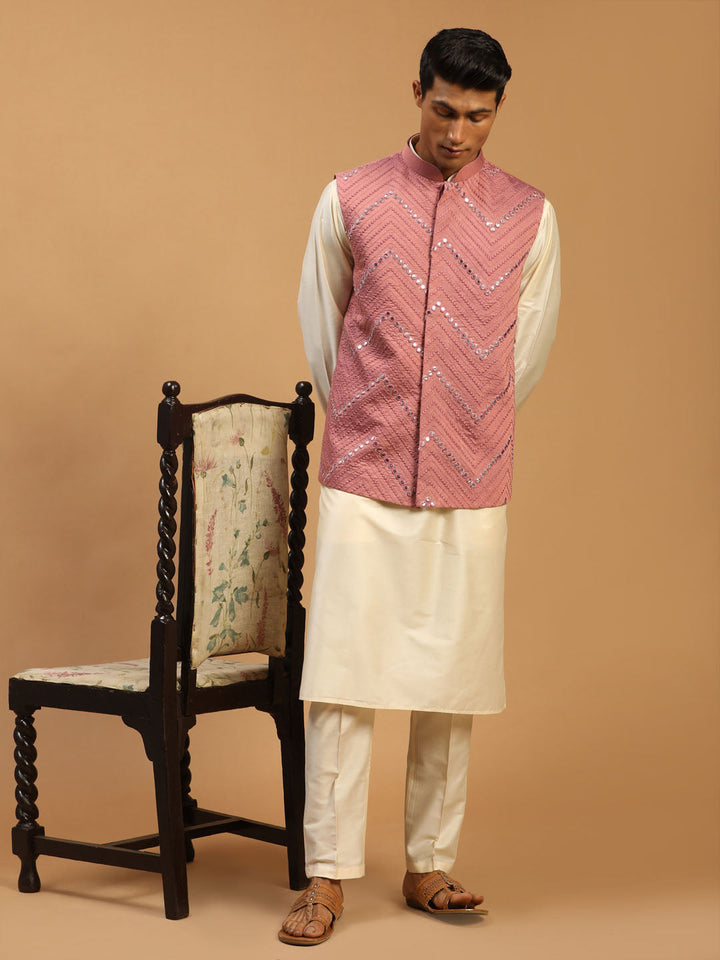 Sarvati Men's Onion Mirror Jacket With Kurta Pant Set