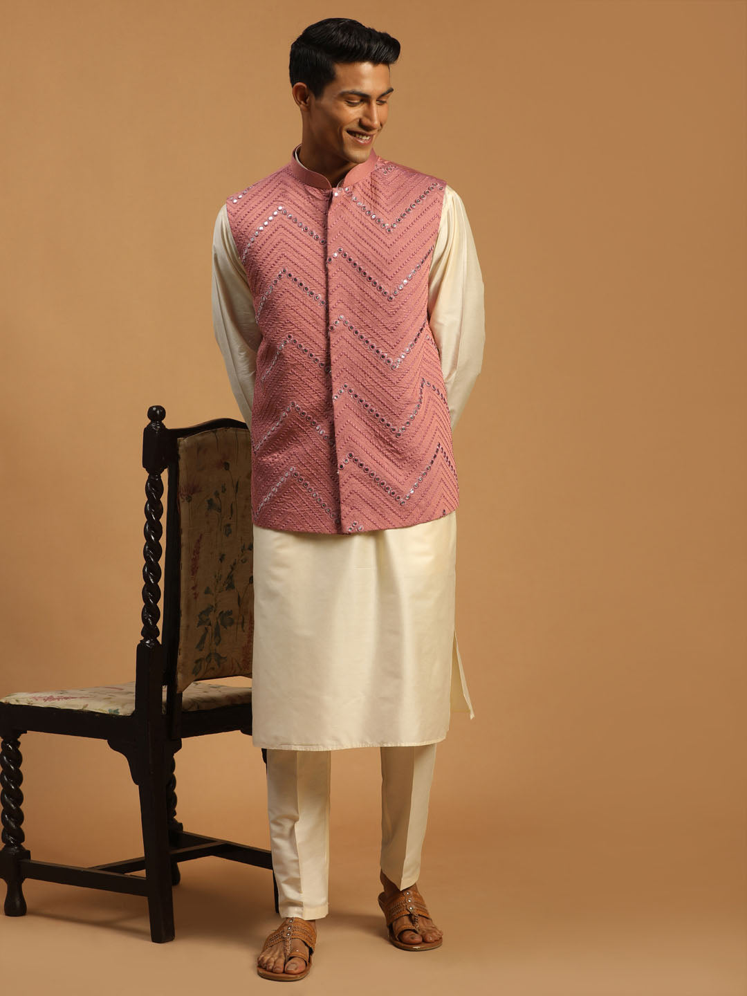 Sarvati Men's Onion Mirror Jacket With Kurta Pant Set