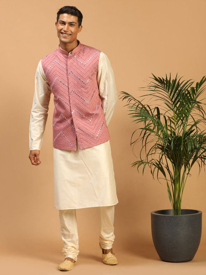 Sarvati Men's Onion Pink Mirror Jacket With Kurta Pyjama Set