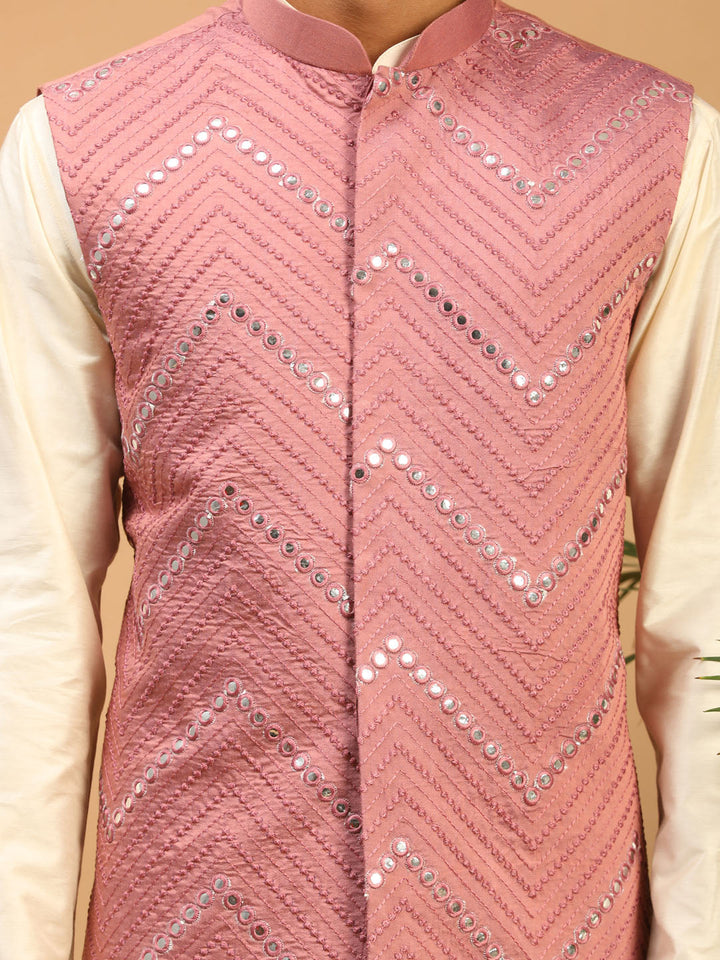 Sarvati Men's Onion Pink Mirror Jacket With Kurta Pyjama Set