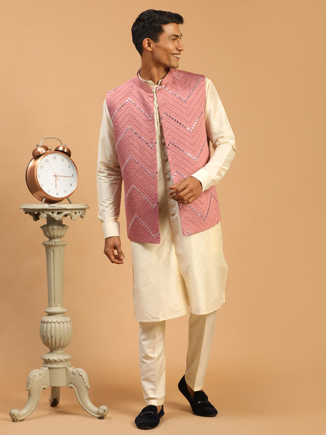 Sarvati Men's Pink Mirror Jacket With Front Open Kurta Pant Set