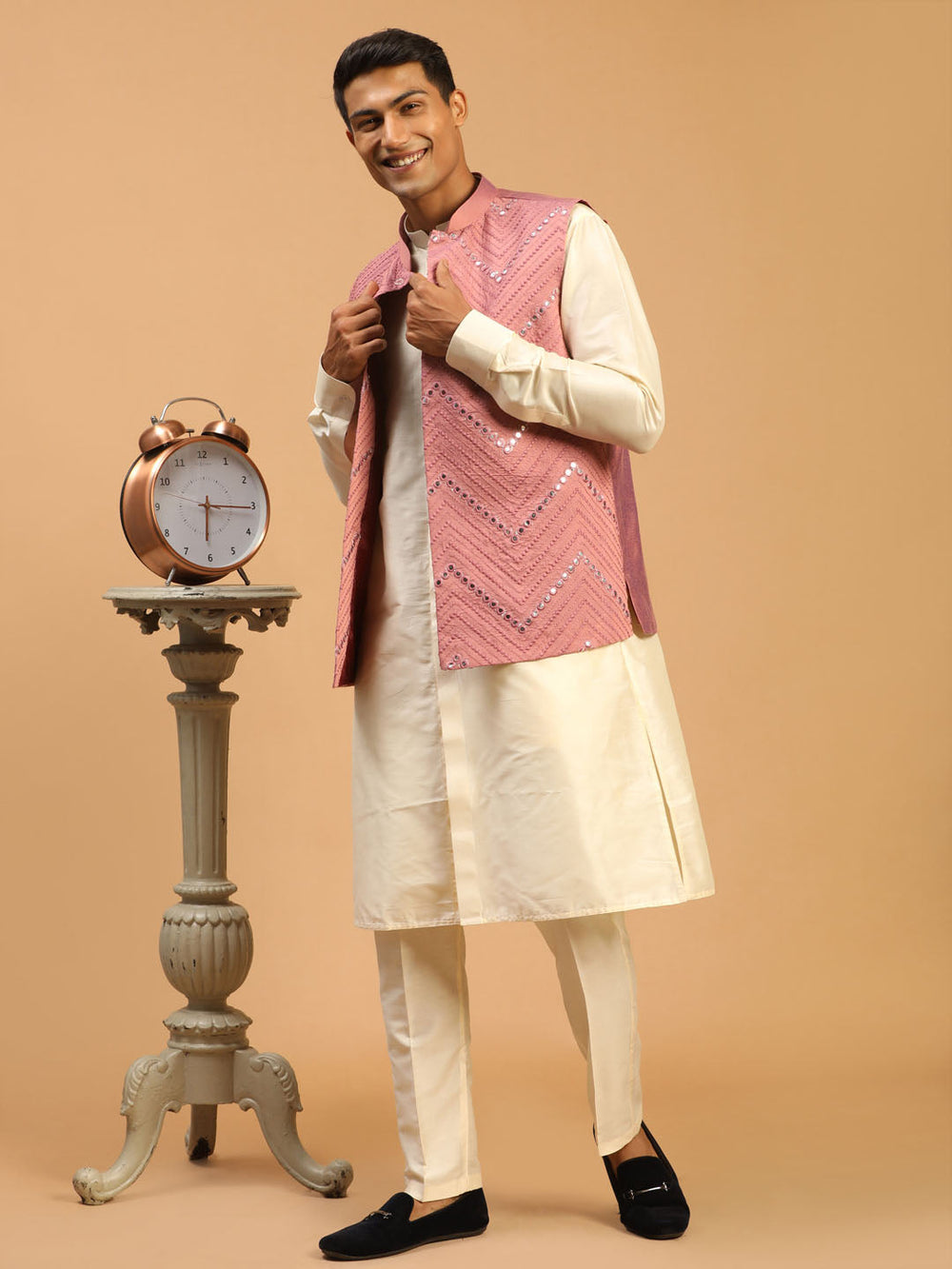 Sarvati Men's Pink Mirror Jacket With Front Open Kurta Pant Set