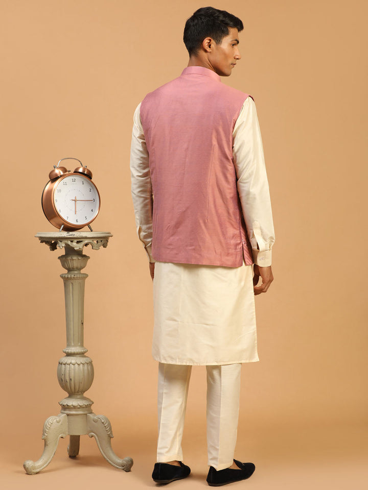 Sarvati Men's Pink Mirror Jacket With Front Open Kurta Pant Set