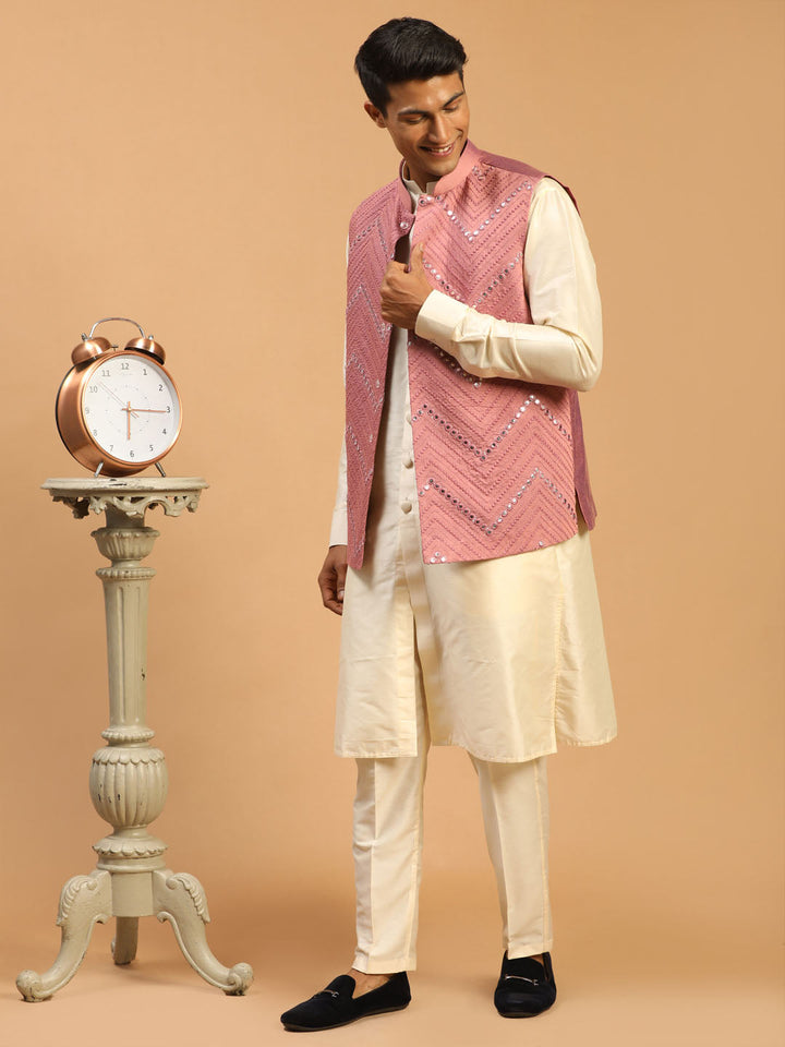 Sarvati Men's Pink Mirror Jacket With Front Open Kurta Pant Set