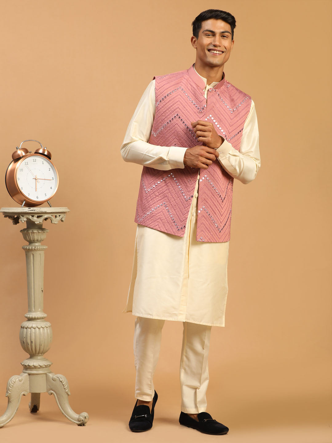 Sarvati Men's Pink Mirror Jacket With Front Open Kurta Pant Set