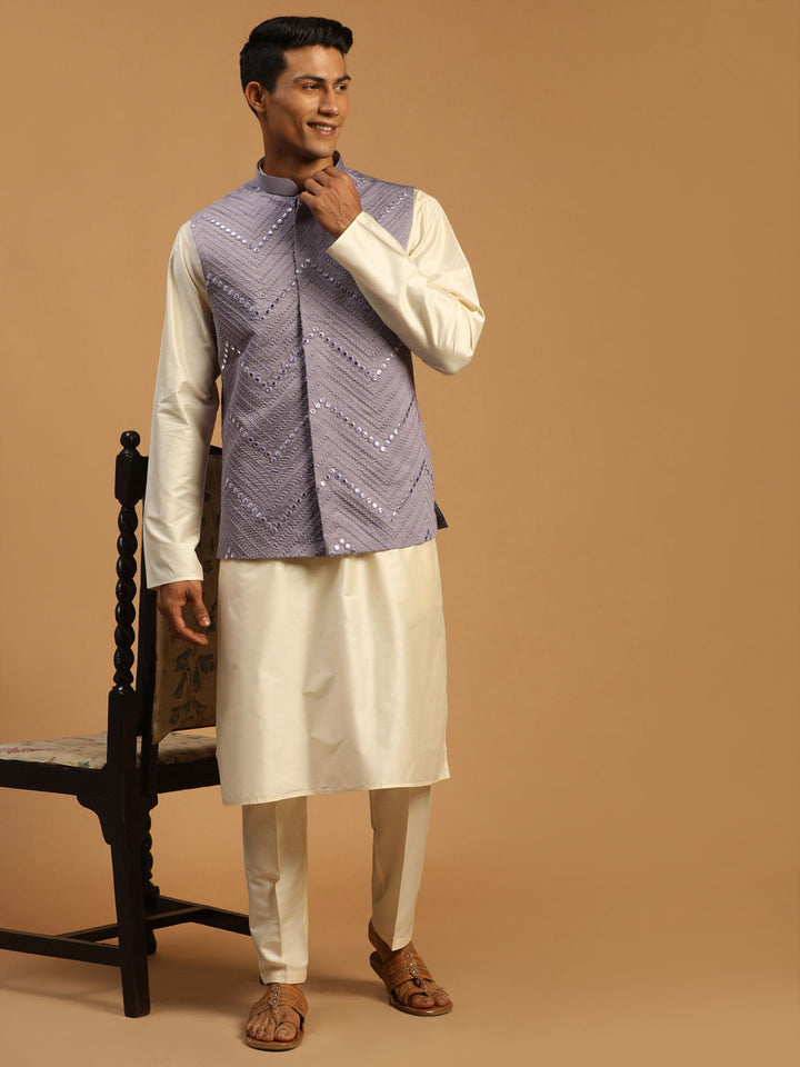 Sarvati Men's Purple Mirror jacket With Kurta Pant Set