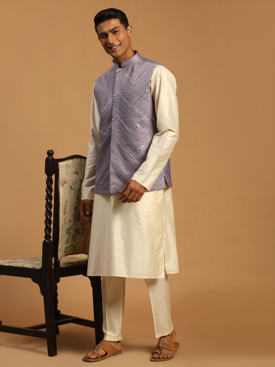 Sarvati Men's Purple Mirror jacket With Kurta Pant Set