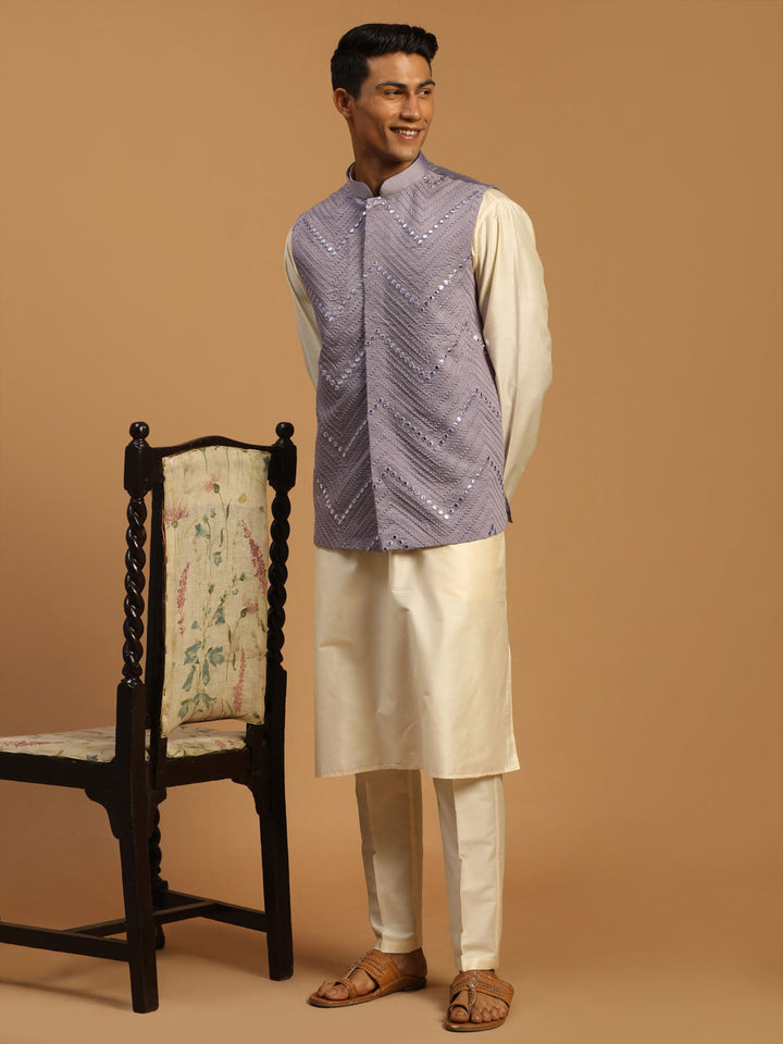 Sarvati Men's Purple Mirror jacket With Kurta Pant Set