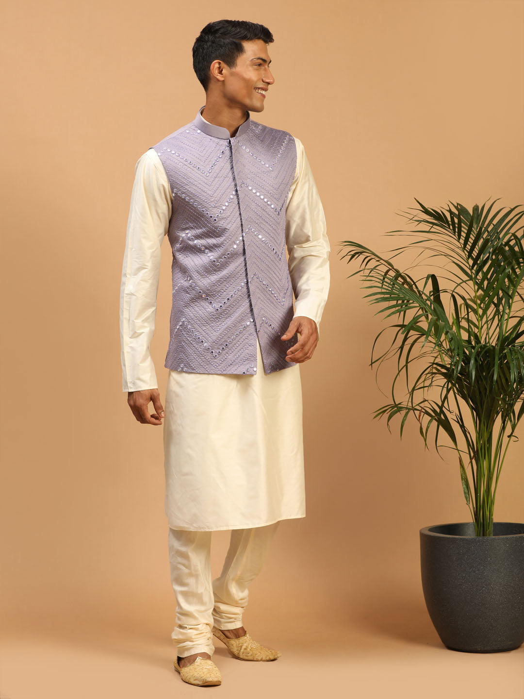 Sarvati Men's Purple Mirror Jacket With Kurta Pyjama Set