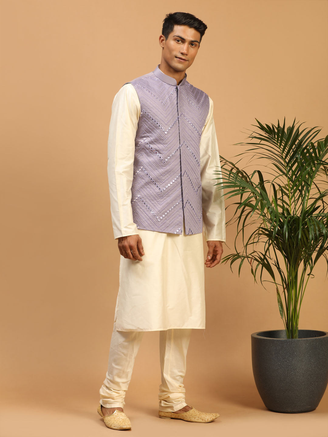 Sarvati Men's Purple Mirror Jacket With Kurta Pyjama Set