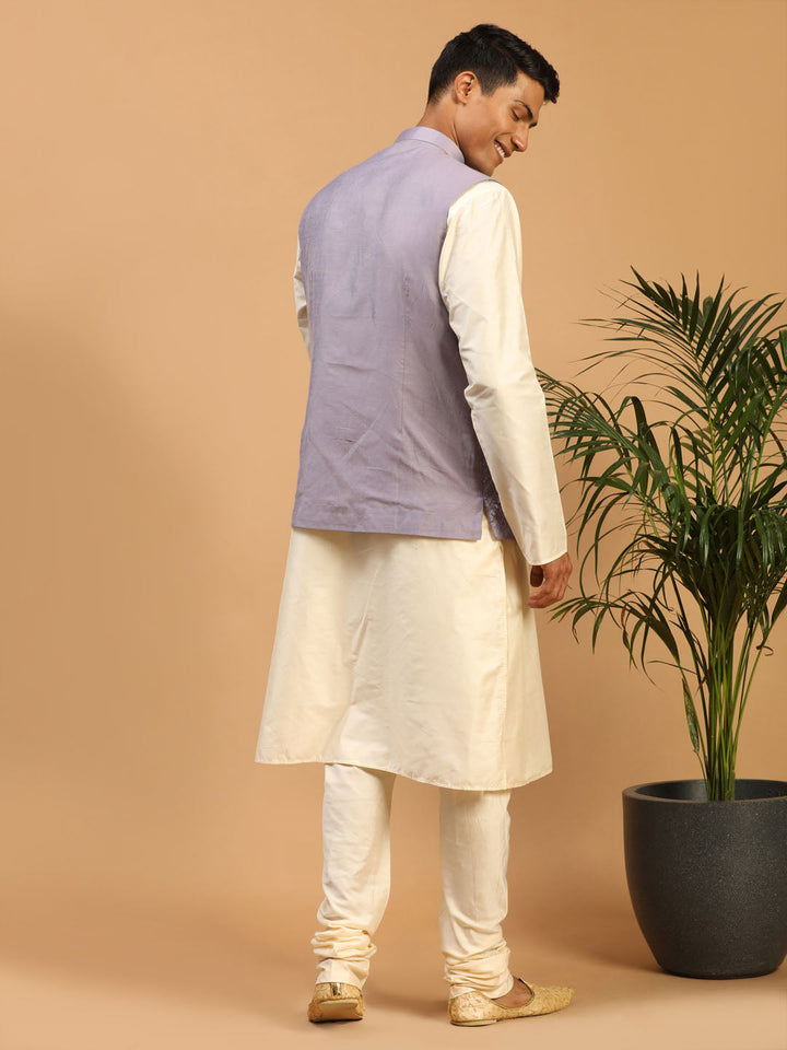 Sarvati Men's Purple Mirror Jacket With Kurta Pyjama Set