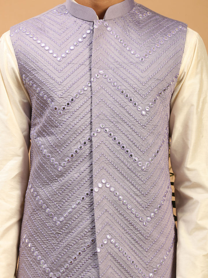 Sarvati Men's Purple Mirror Jacket With Kurta Pyjama Set