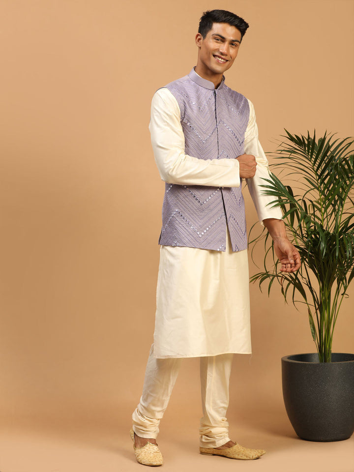 Sarvati Men's Purple Mirror Jacket With Kurta Pyjama Set