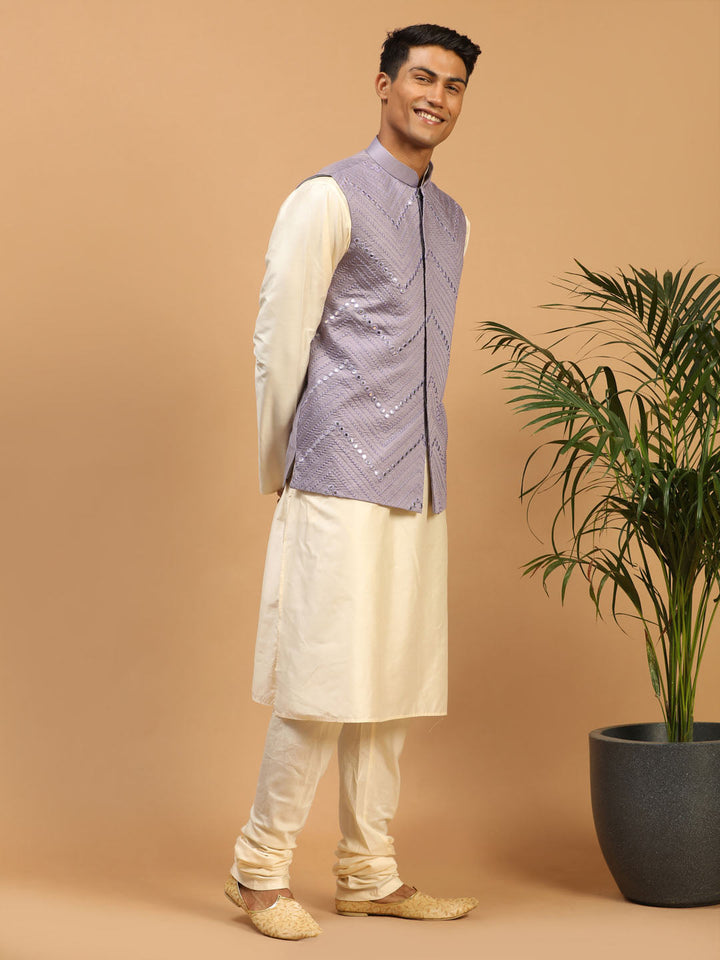 Sarvati Men's Purple Mirror Jacket With Kurta Pyjama Set