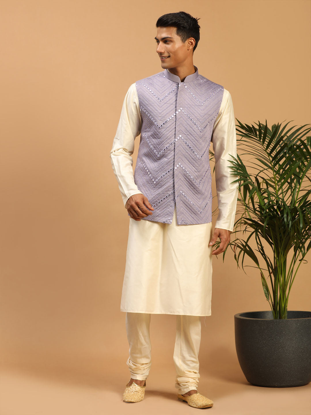 Sarvati Men's Purple Mirror Jacket With Kurta Pyjama Set