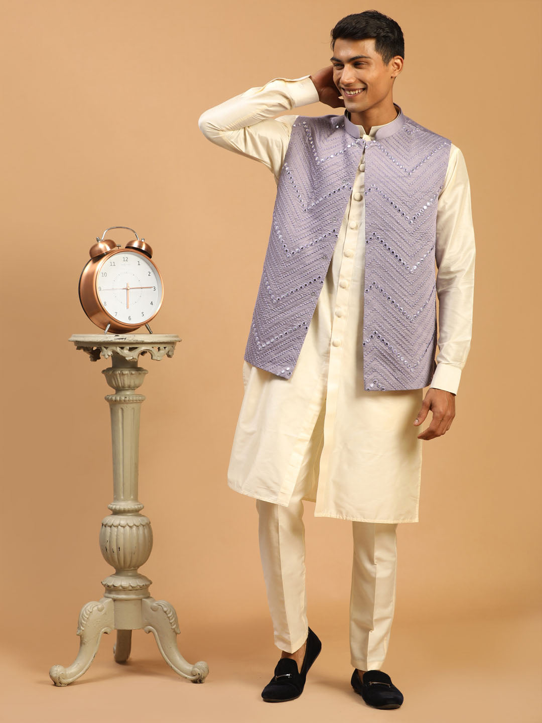 Sarvati Men's Purple Mirror Jacket With Front Open Kurta Pant Set