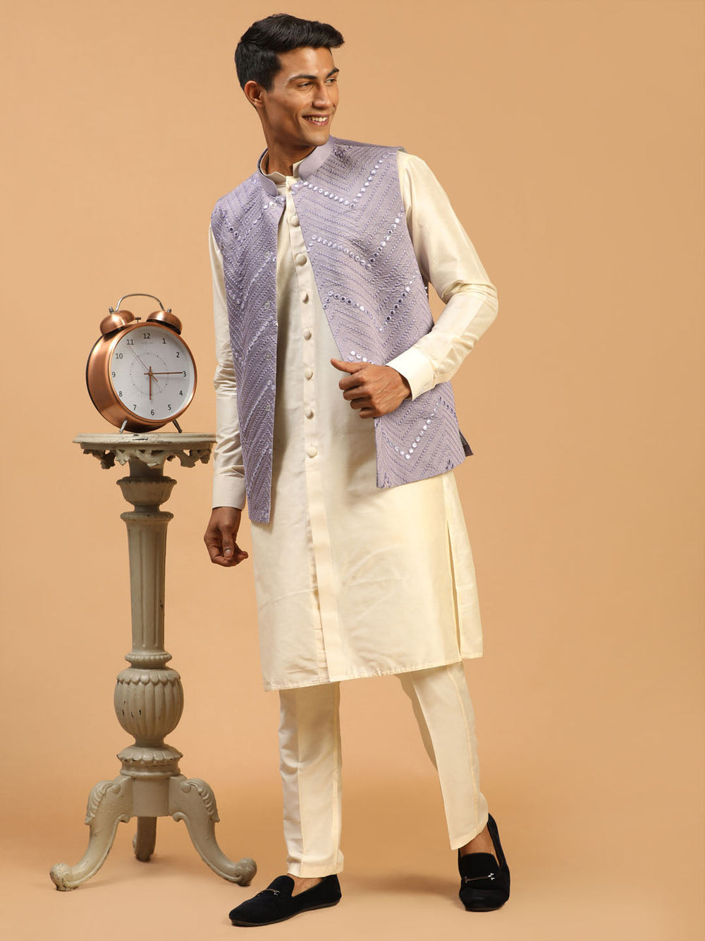 Sarvati Men's Purple Mirror Jacket With Front Open Kurta Pant Set