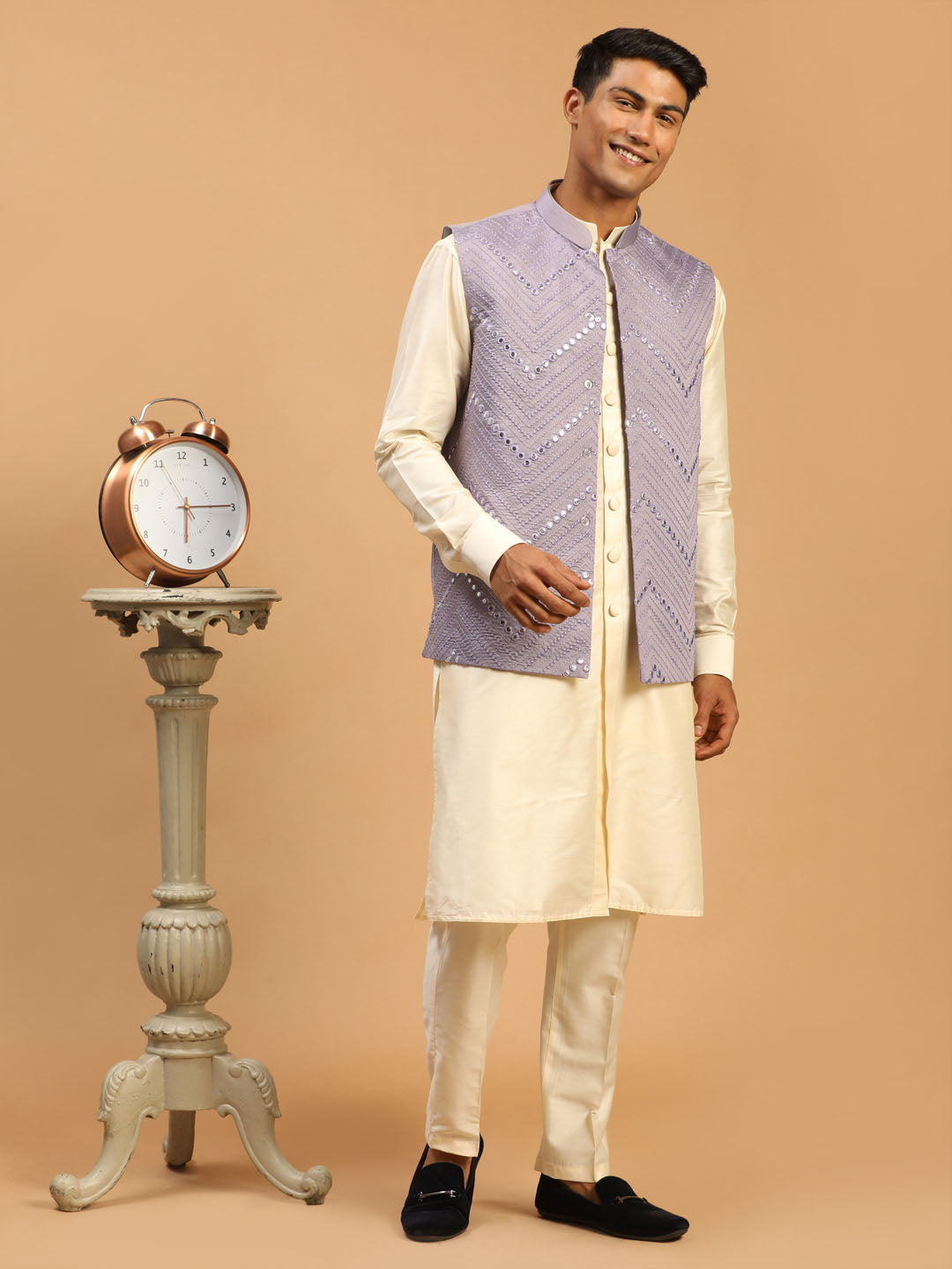 Sarvati Men's Purple Mirror Jacket With Front Open Kurta Pant Set