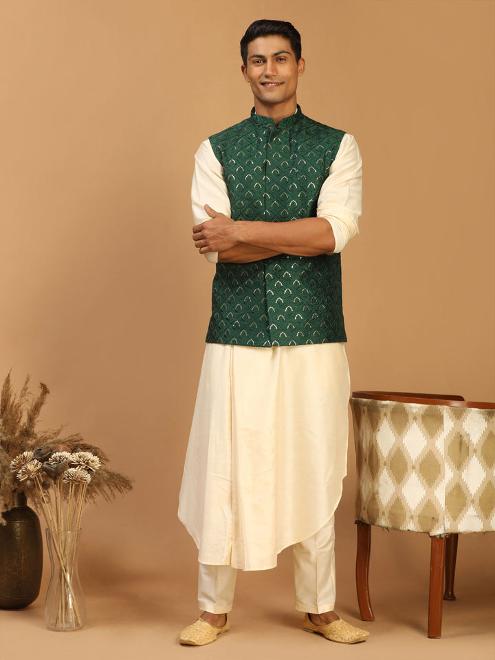 Sarvati Men's Green Embellished Jacket And Cream Pleated Kurta Pant Set