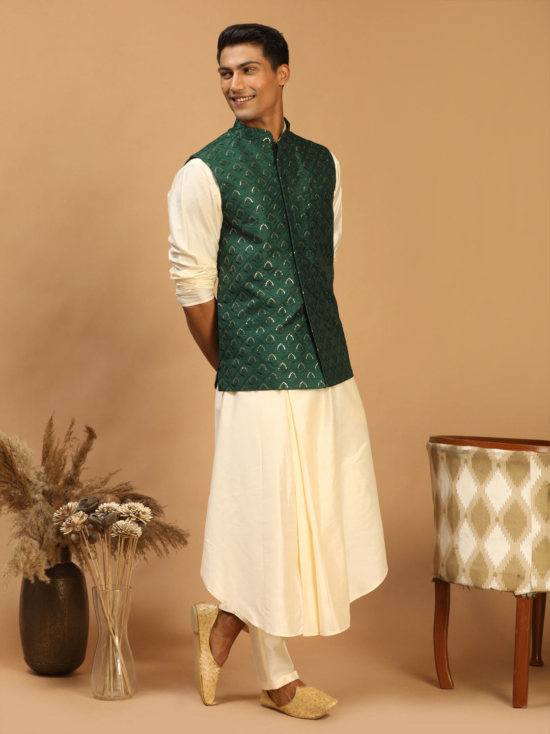 Sarvati Men's Green Embellished Jacket And Cream Pleated Kurta Pant Set