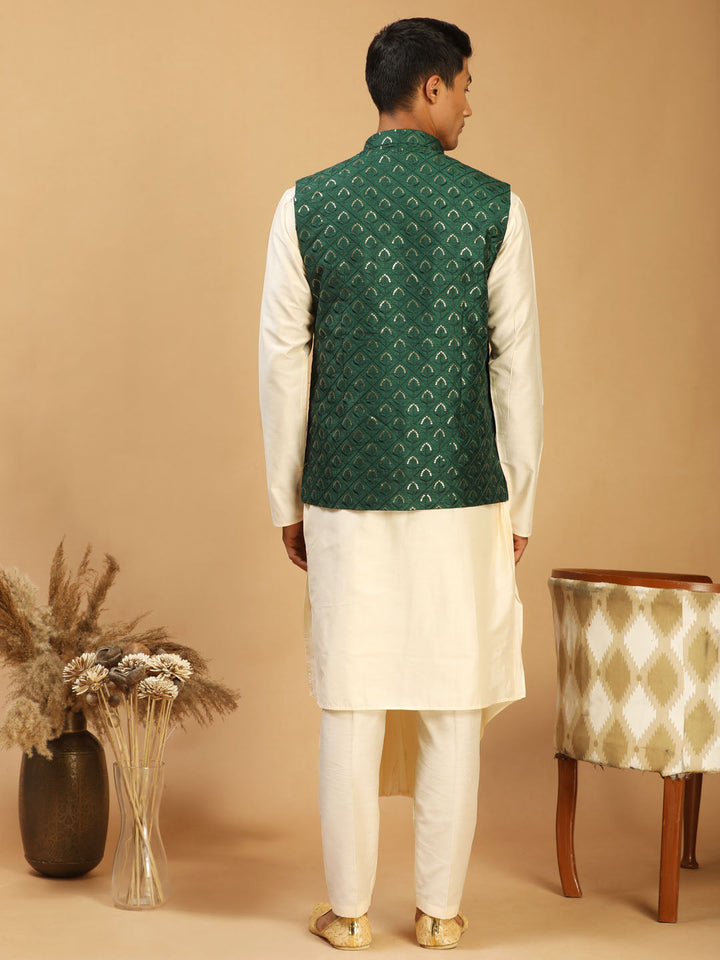 Sarvati Men's Green Embellished Jacket And Cream Pleated Kurta Pant Set