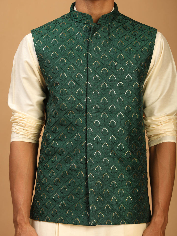 Sarvati Men's Green Embellished Jacket And Cream Pleated Kurta Pant Set