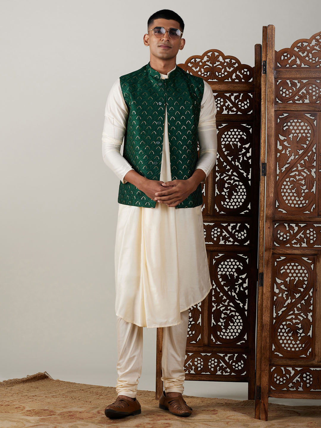 Sarvati Men's Green Jacket Pleated Kurta with Pyjama Set