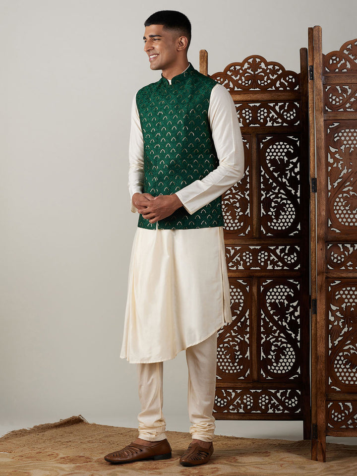 Sarvati Men's Green Jacket Pleated Kurta with Pyjama Set