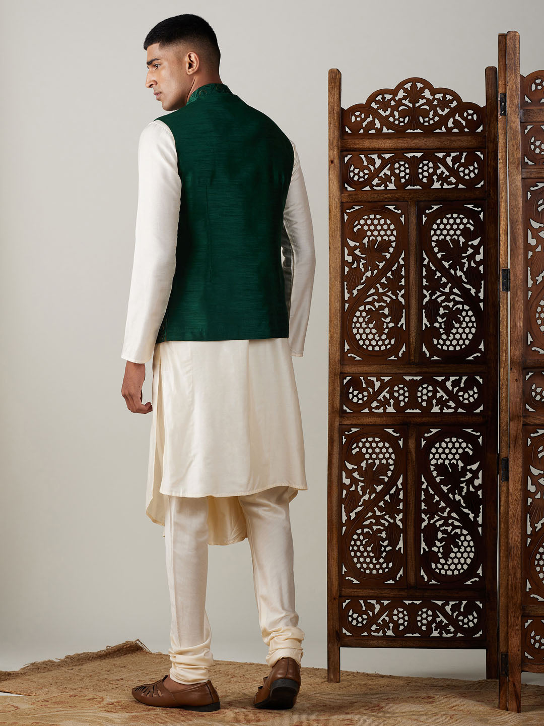 Sarvati Men's Green Jacket Pleated Kurta with Pyjama Set