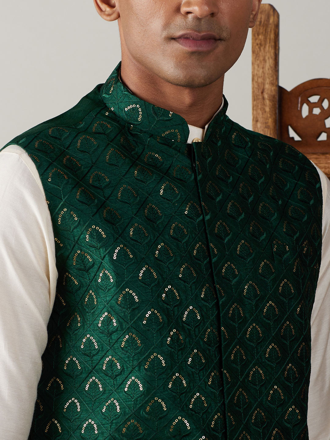 Sarvati Men's Green Jacket Pleated Kurta with Pyjama Set