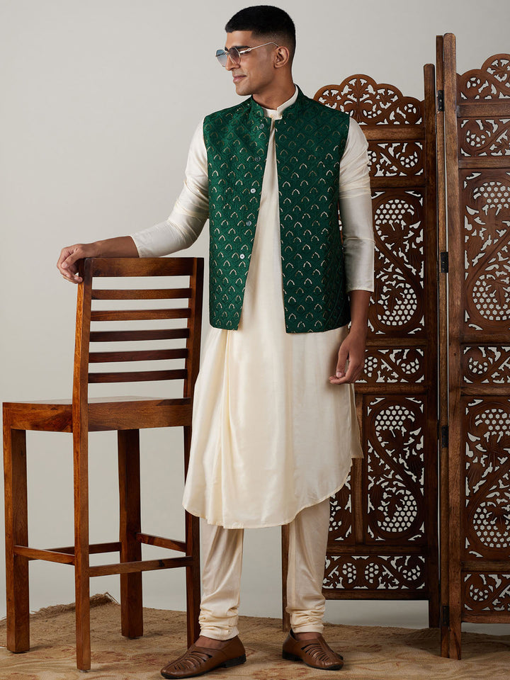 Sarvati Men's Green Jacket Pleated Kurta with Pyjama Set