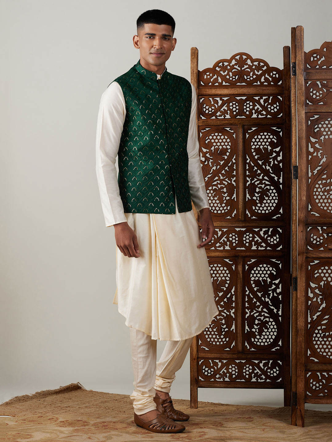 Sarvati Men's Green Jacket Pleated Kurta with Pyjama Set