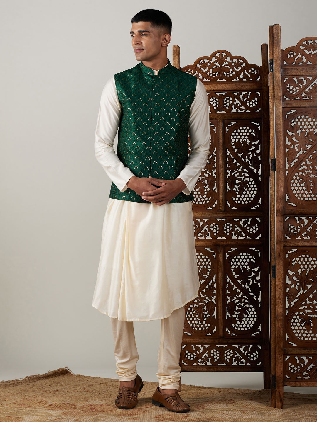 Sarvati Men's Green Jacket Pleated Kurta with Pyjama Set