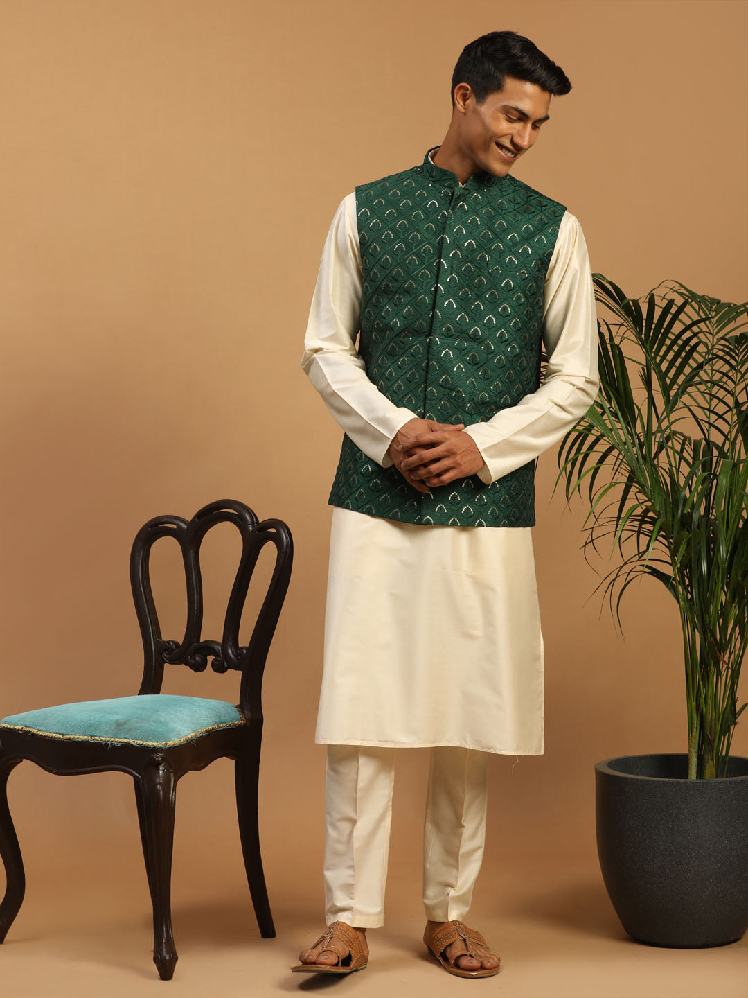 Sarvati Men's Green Embellished Jacket And Cream Kurta Pant Set