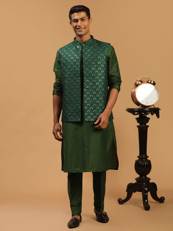 Sarvati Men's Green Embellished Jacket And Green Kurta And Pant Set