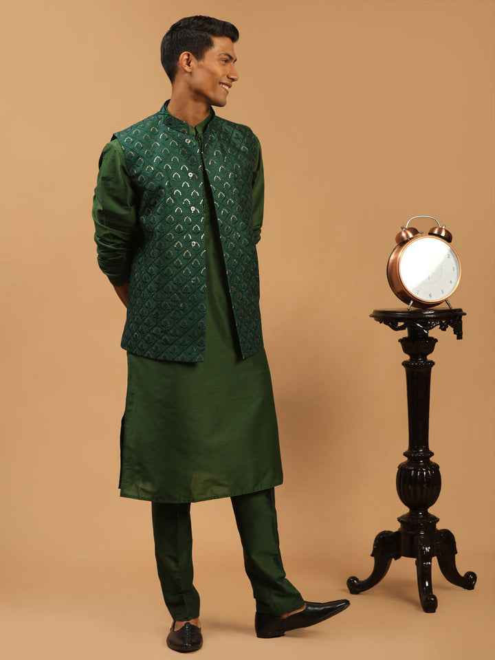 Sarvati Men's Green Embellished Jacket And Green Kurta And Pant Set