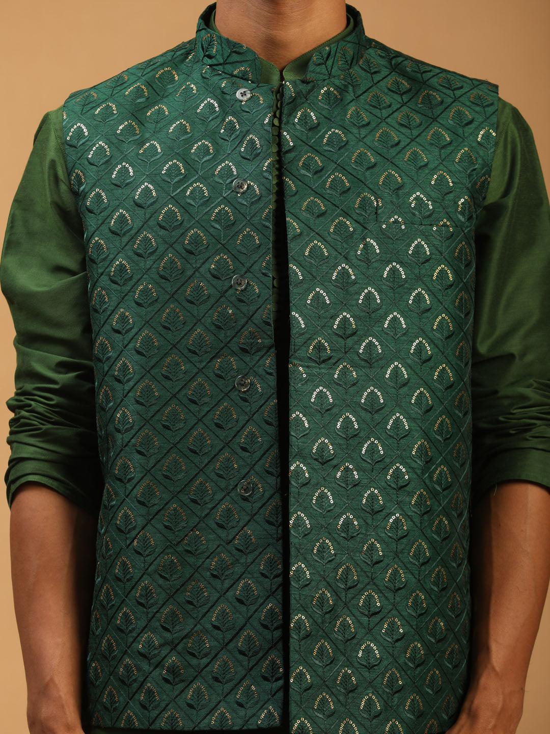 Sarvati Men's Green Embellished Jacket And Green Kurta And Pant Set