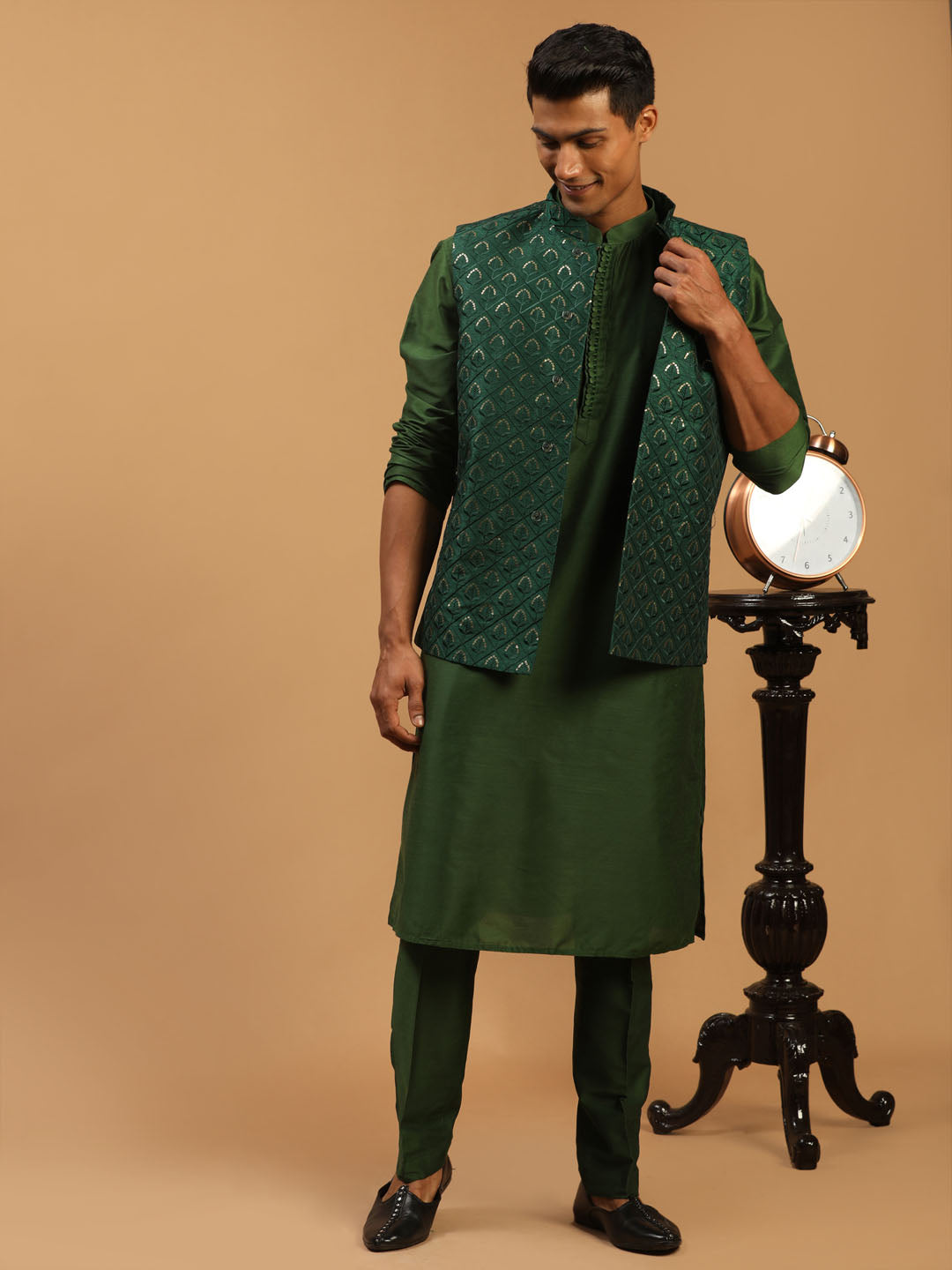 Sarvati Men's Green Embellished Jacket And Green Kurta And Pant Set