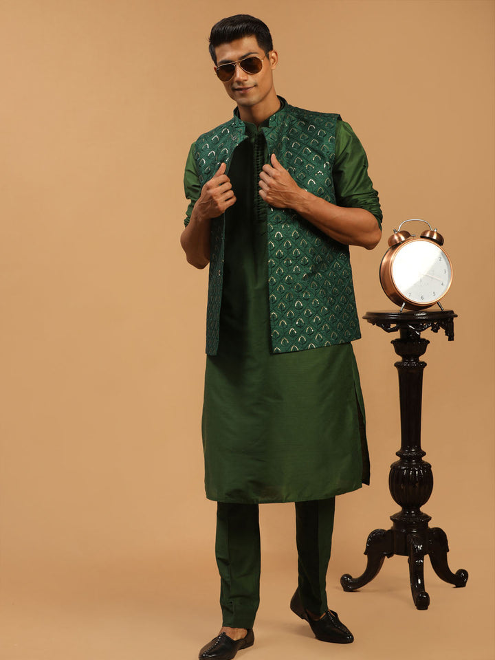 Sarvati Men's Green Embellished Jacket And Green Kurta And Pant Set