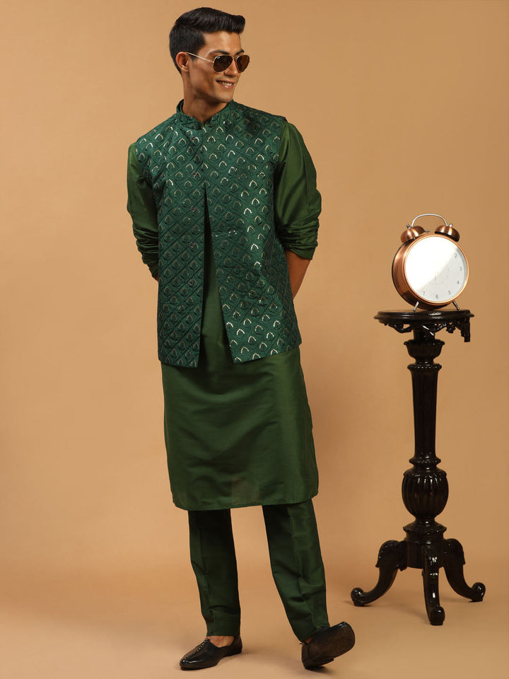 Sarvati Men's Green Embellished Jacket And Green Kurta And Pant Set