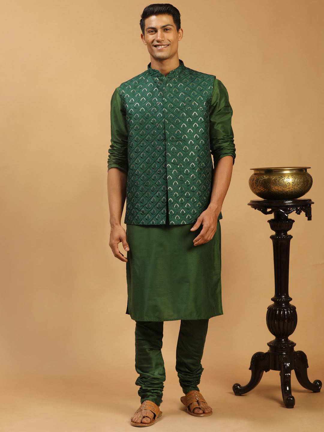 Sarvati Men's Green Embellished Jacket And Green Kurta Churidar Set